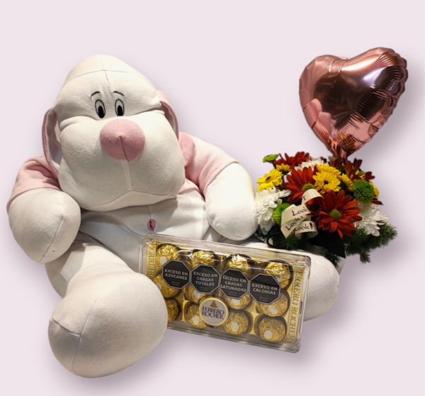 Florero con Globo Rosado, Perro XL y bombones Ferrero - Imagen 2