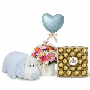 Florero con Globo Celeste, bombones Ferrero y Almohada