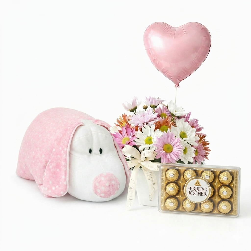Florero con Globo Rosado, bombones Ferrero y Almohada - Imagen 2