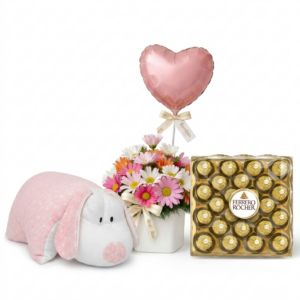 Florero con Globo Rosado, bombones Ferrero y Almohada