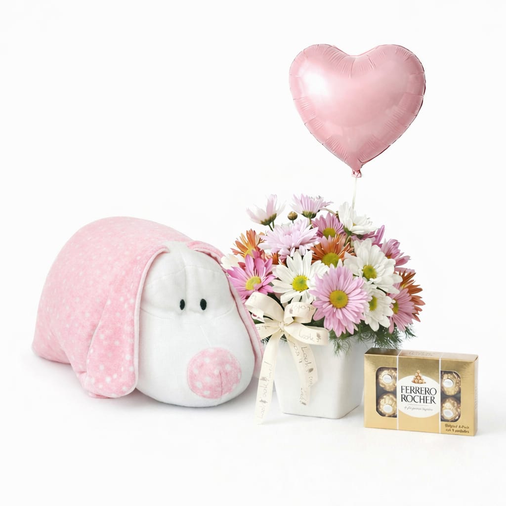 Florero con Globo Rosado, bombones Ferrero y Almohada - Imagen 4