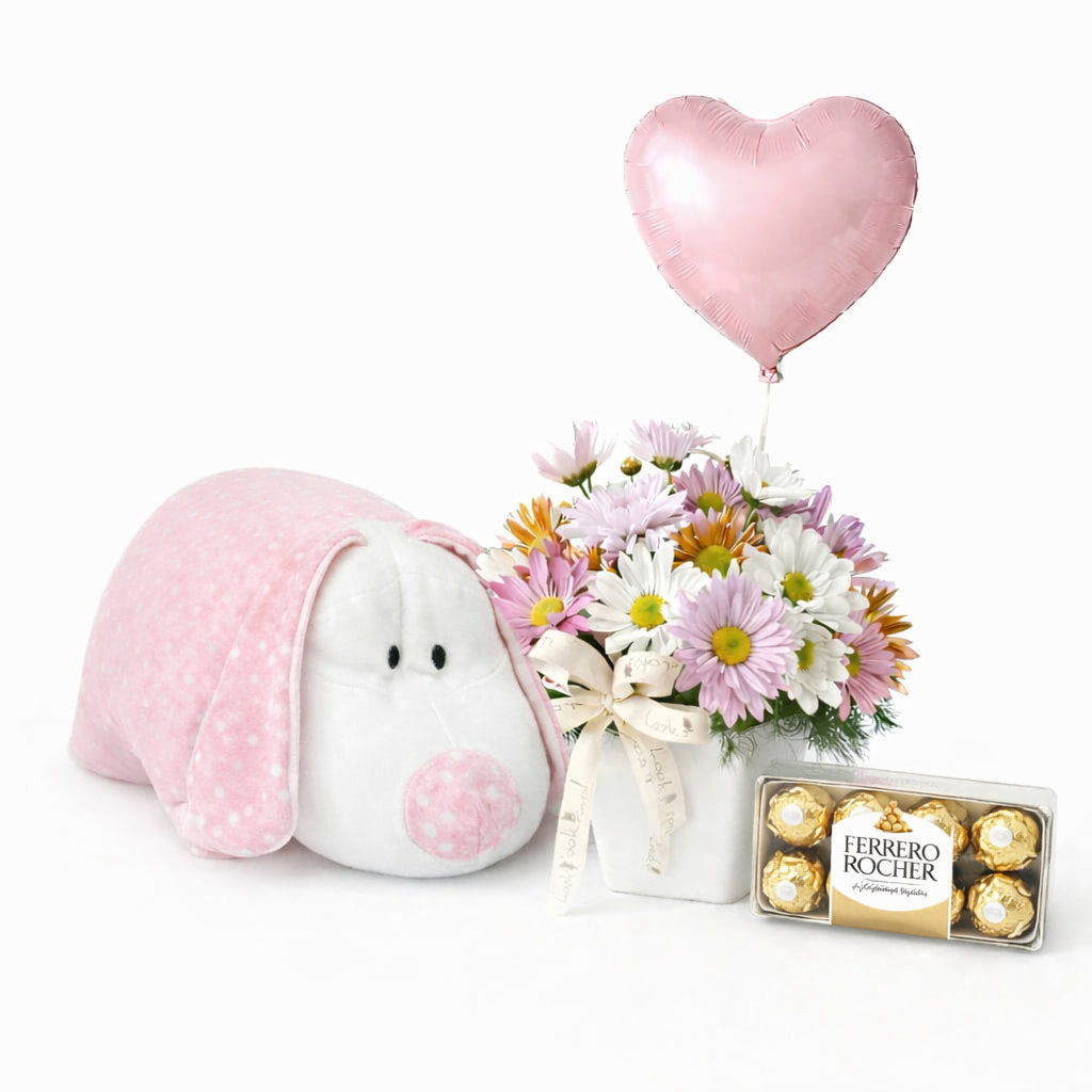 Florero con Globo Rosado, bombones Ferrero y Almohada - Imagen 3