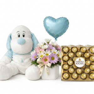 Florero con Globo Celeste, bombones Ferrero y Perro Grande