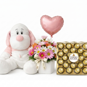 Florero con Globo Rosado, bombones Ferrero y Perro Grande