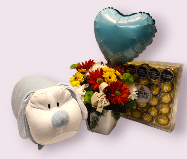 Florero con Globo Celeste, bombones Ferrero y Almohada