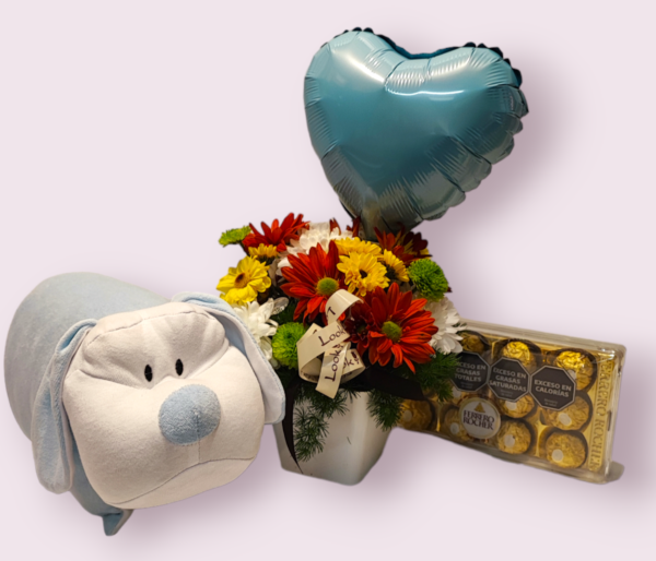 Florero con Globo Celeste, bombones Ferrero y Almohada - Imagen 4