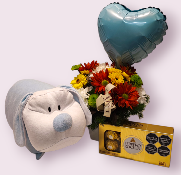 Florero con Globo Celeste, bombones Ferrero y Almohada - Imagen 3